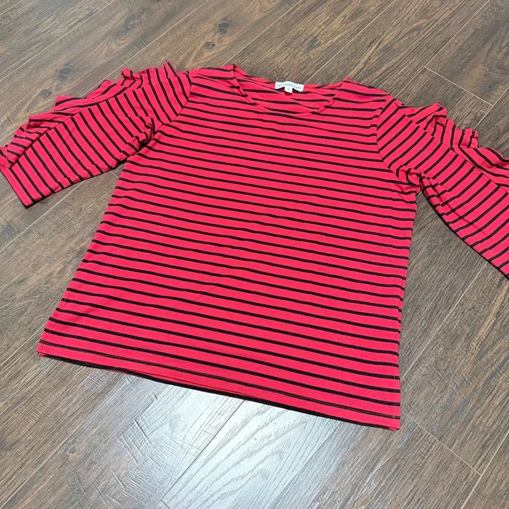 SOUTHERN LADY RED BLACK STRIPES RUFFLE SLEEVE TOP - Picture 2 of 6